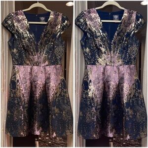 Vince Camuto Metallic God Foil Tea Mini Dress V Neck